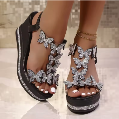 Sandales Plateforme Papillon Strass - Chaussures Compensées Femme